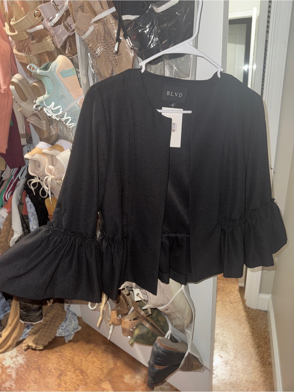 BLVD Black Ruffle-Hem Open Blazer
